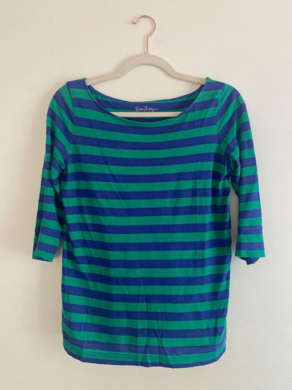 Lilly Pulitzer Green & Blue Striped 3/4 Sleeve 100% Cotton Top Size S